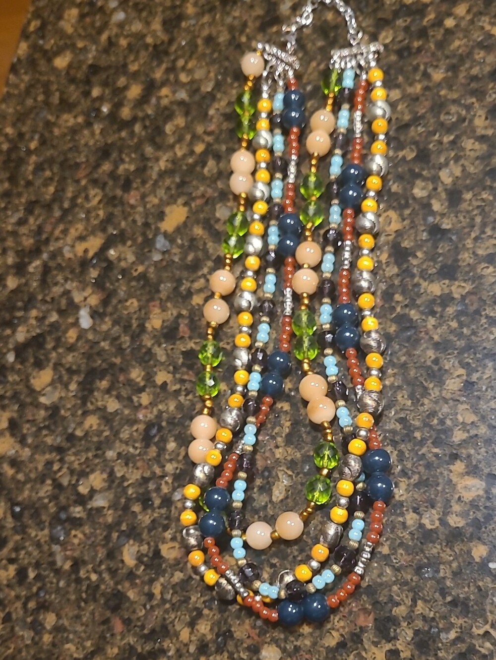Multicolor Layered Beaded Necklace with Blue, Green & Cream Accents